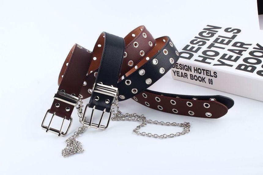 Single/ Double Eyelet Chain Strap Faux Leather Belt Product Image