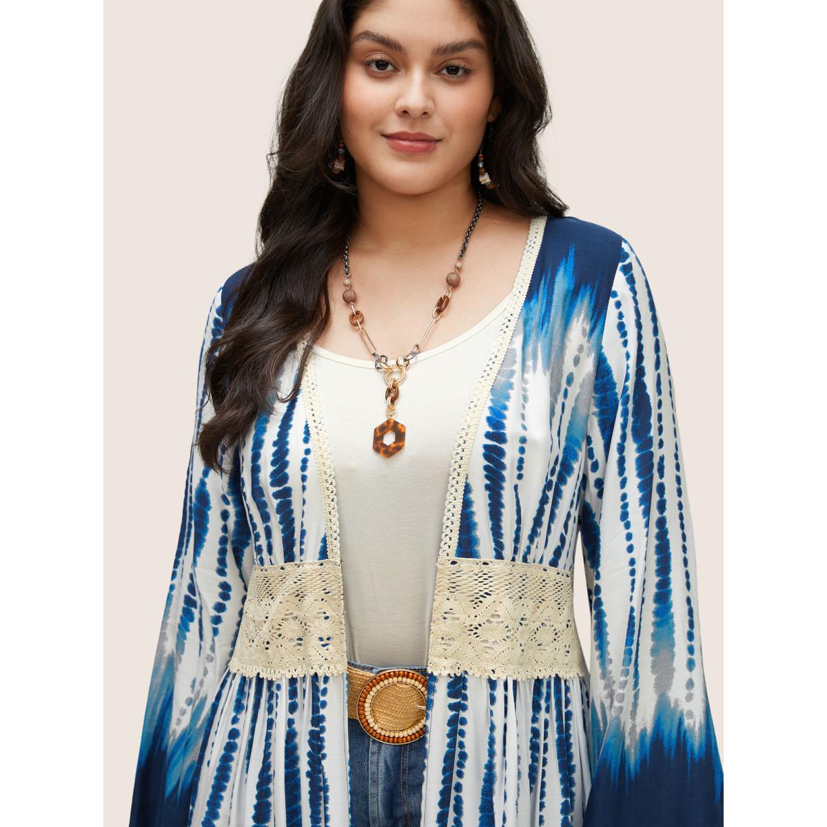 Plus Size Tie Dye Guipure Lace Waist Trim Kimono Women Blue Resort Tie Dye Vacation Kimonos BloomChic 30/6X Product Image