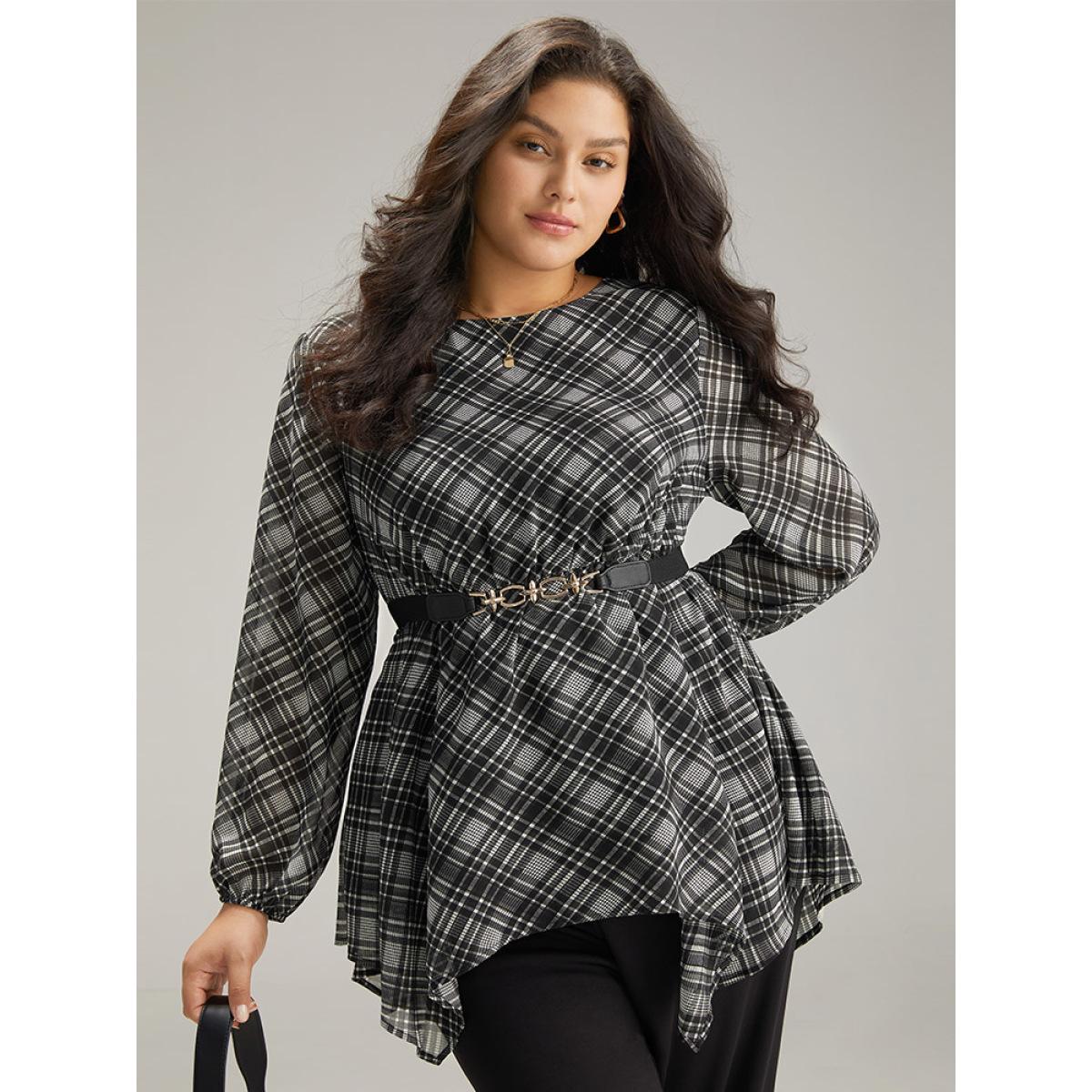 Plus Size Black Plaid Chiffon Lantern Sleeve Hanky Hem Blouse Women Office Long Sleeve Round Neck Office Blouses BloomChic 26/4X Product Image