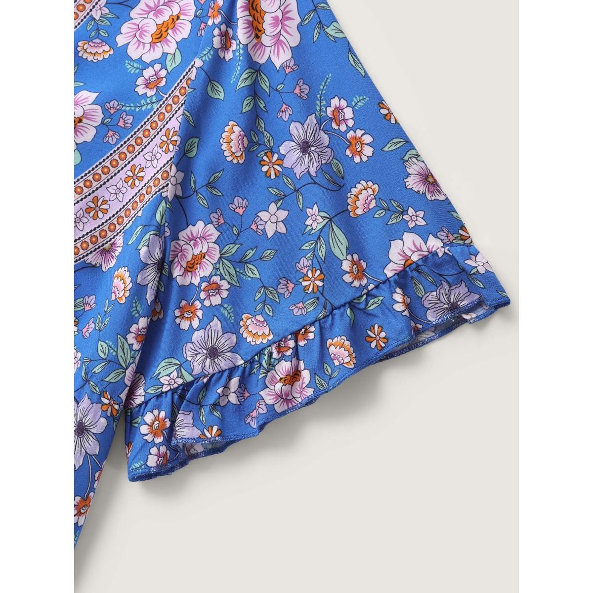 Plus Size Skyblue Asymmetrical Floral Print V-Neck Blouse Women Boho Short sleeve V-neck Vacation Blouses BloomChic 30/6X Product Image