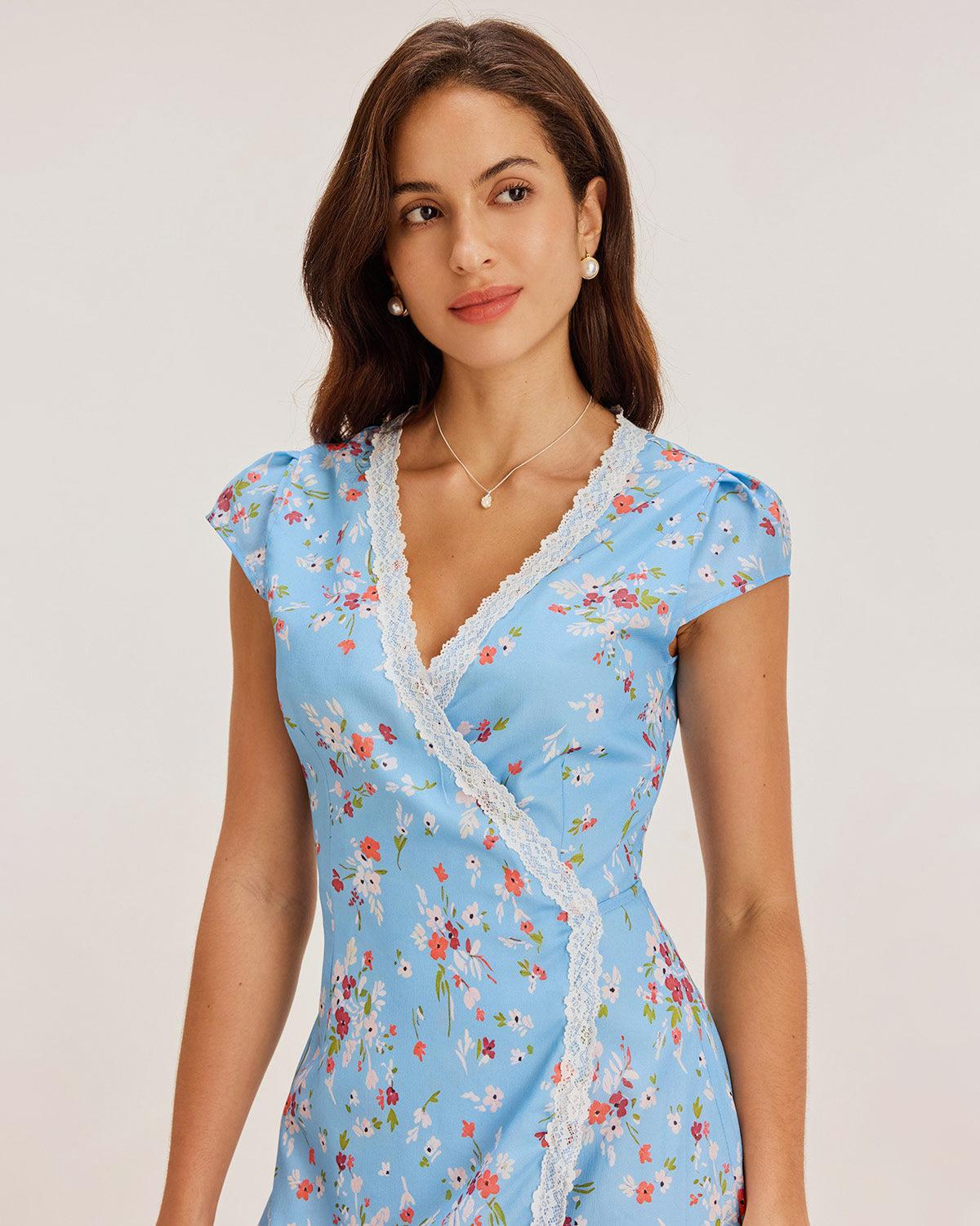 Blue Floral A-Line Wrap Mini Dress Product Image