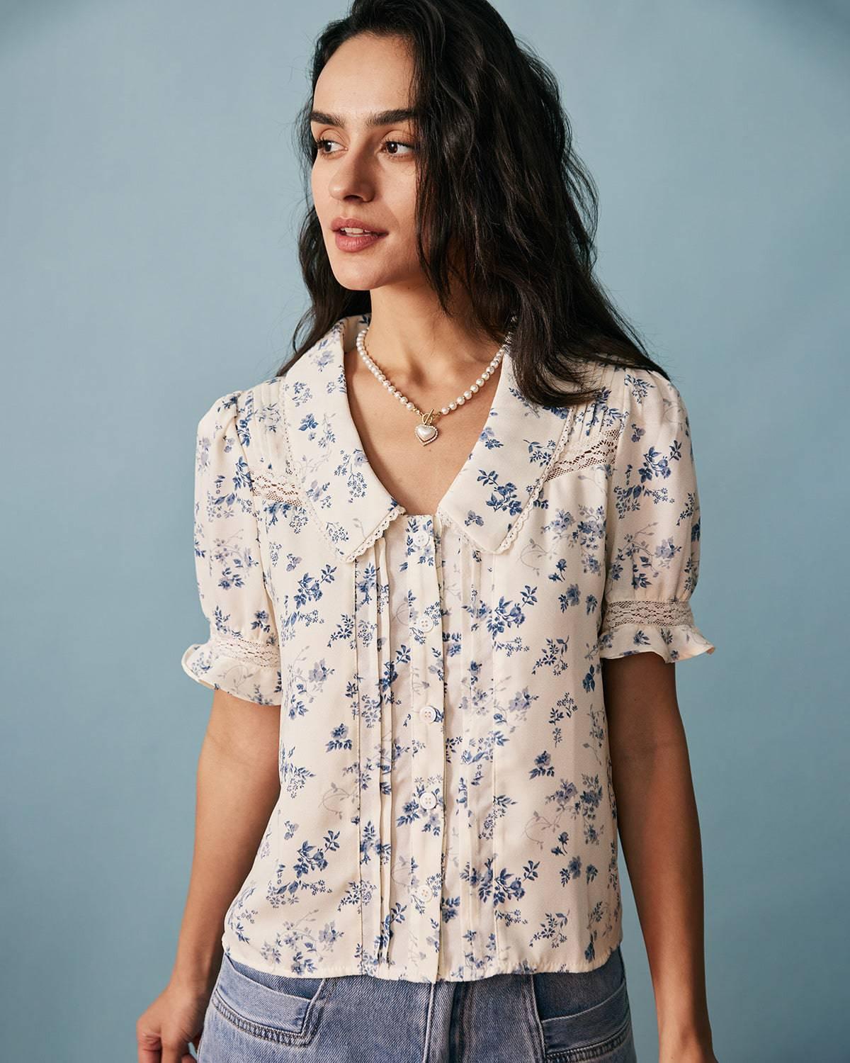 The Lace Spliced Pleated Floral Shirt Female Product Image