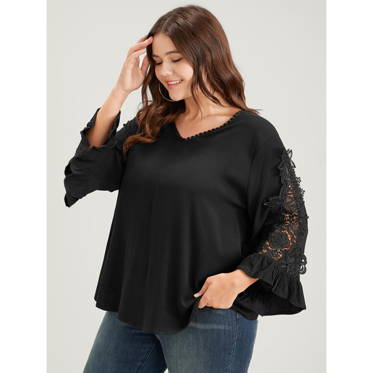 Plus Size Black Solid Lace Flounce Sleeve V Neck Blouse Women Elegant Long Sleeve V-neck Dailywear Blouses BloomChic 22-24/3X Product Image