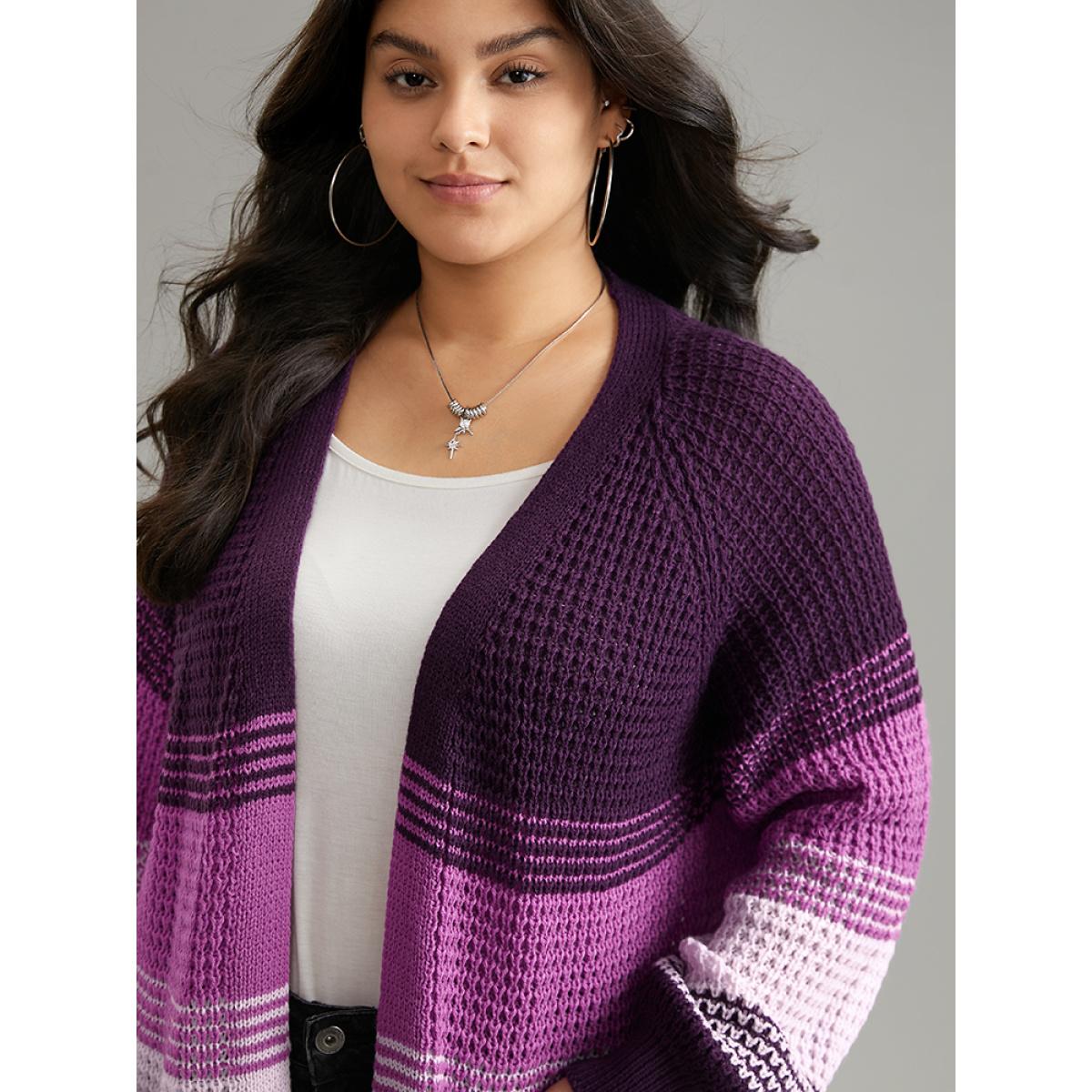 Plus Size Colorblock Contrast Pocket Raglan Sleeve Cardigan Eggplant Women Casual Loose Long Sleeve Dailywear Cardigans BloomChic 22-24/3X Product Image