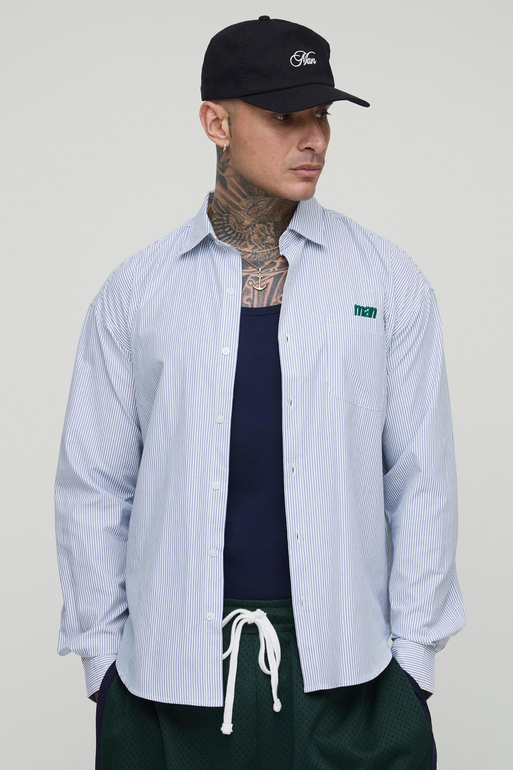 Tall Stripe Embroidered Oversized Long Sleeve Shirt | boohooMAN USA Product Image