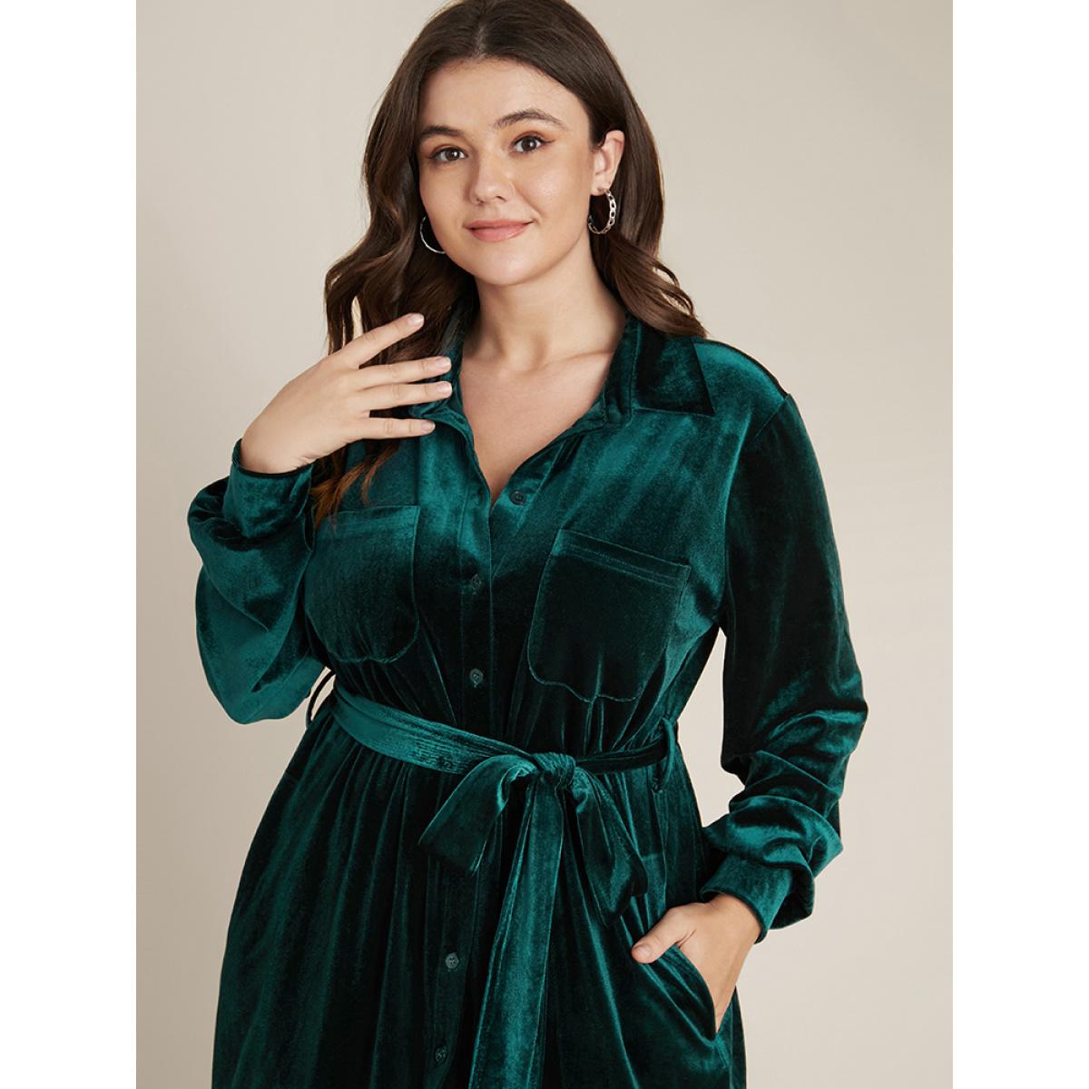 Plus Size Solid Shirt Collar Pocket Button Up Belted Velvet Dress DarkGreen Women Party Shirt collar Long Sleeve Curvy Midi Dress BloomChic 18-20/2X Product Image