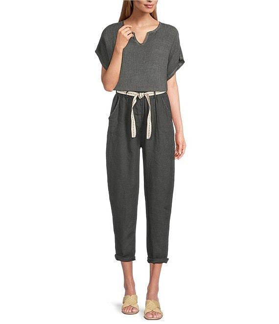 M Made in Italy Linen Side Pocket Cropped Belted Cuffed Pants Product Image