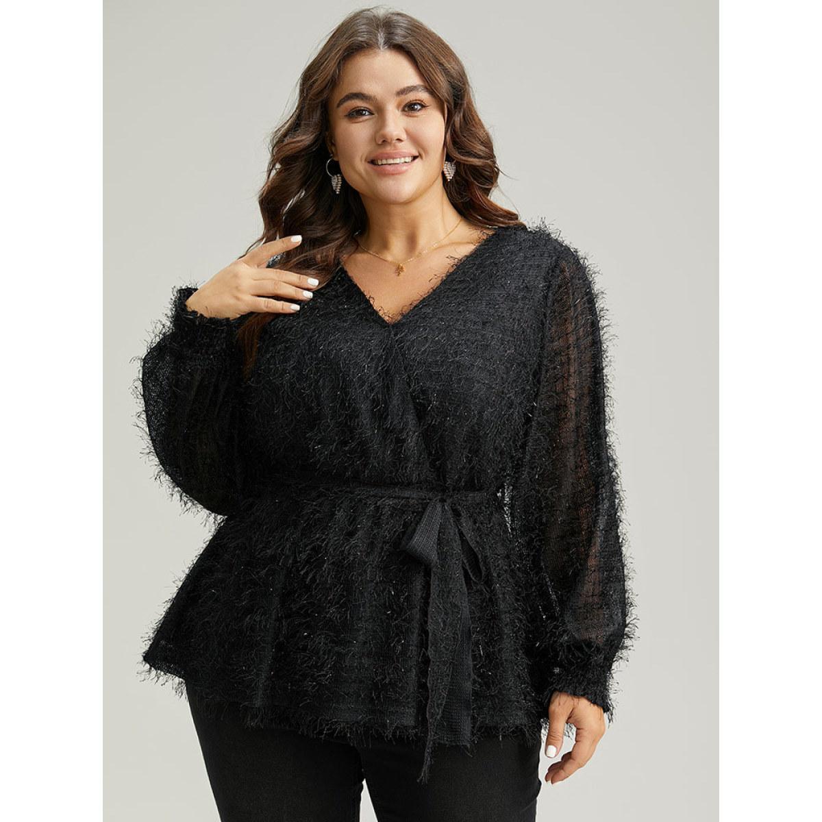Plus Size Black Solid Tassel Mesh Patchwork Belted Wrap Blouse Women Glamour Long Sleeve Overlap Collar Festival-Christmas Blouses BloomChic 18-20/2X Product Image