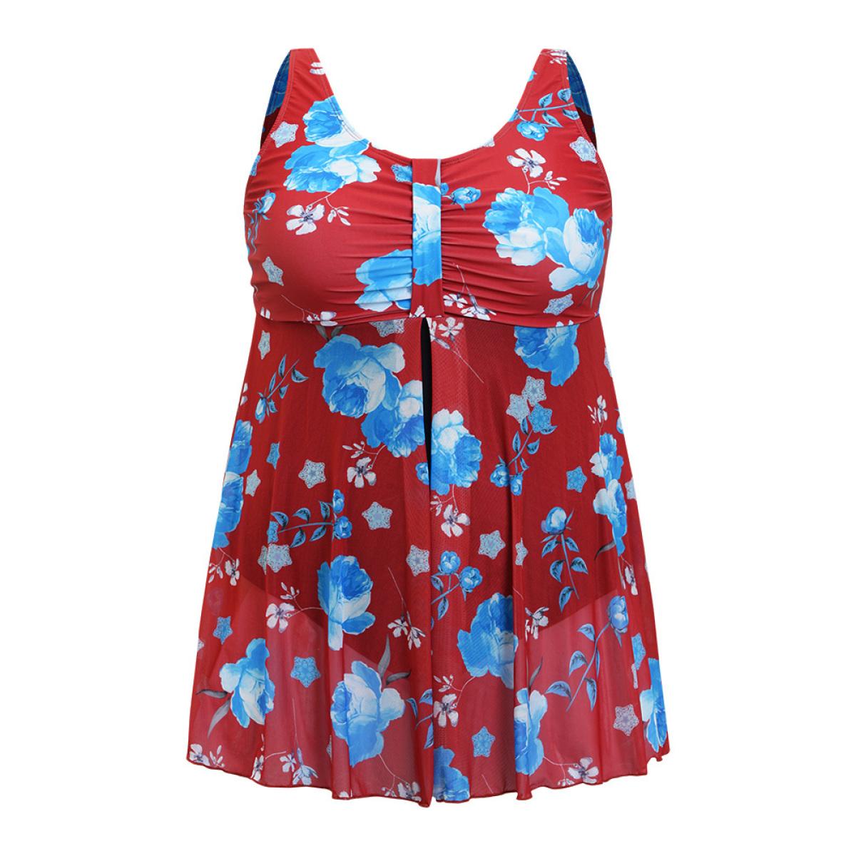 Plus Size Floral Print Split Front Ruched A Line Swim Dress Women's Swimwear Red Vacation Bodycon Round Neck High stretch Curve Swim Dresses BloomChic 28/5X Product Image