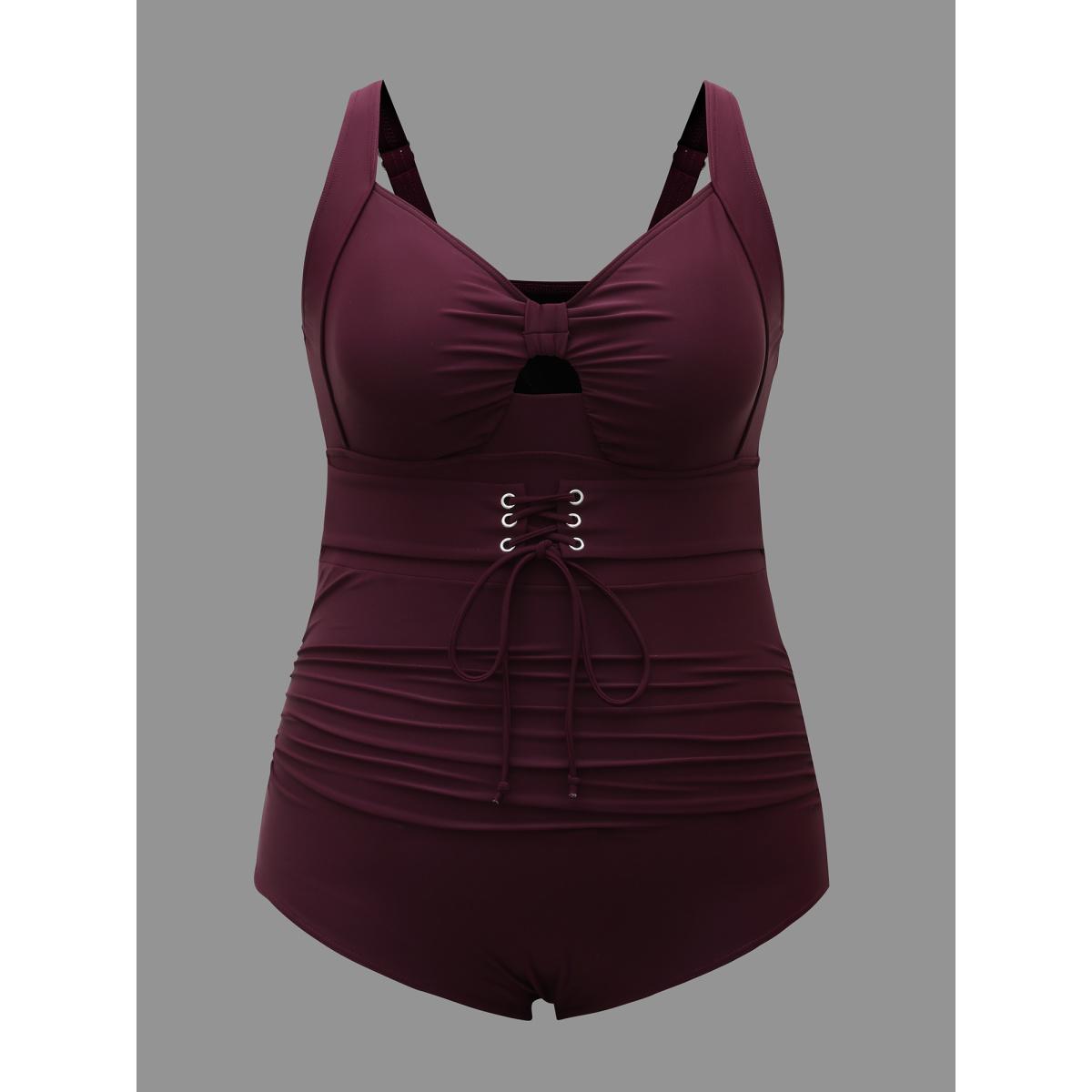 Plus Size Waist-Tie Ruched Cut-Out One-Piece Swimsuit Women's Swimwear Deepred Beach Tie knot Curve Bathing Suits High stretch One Pieces BloomChic 28/5X Product Image