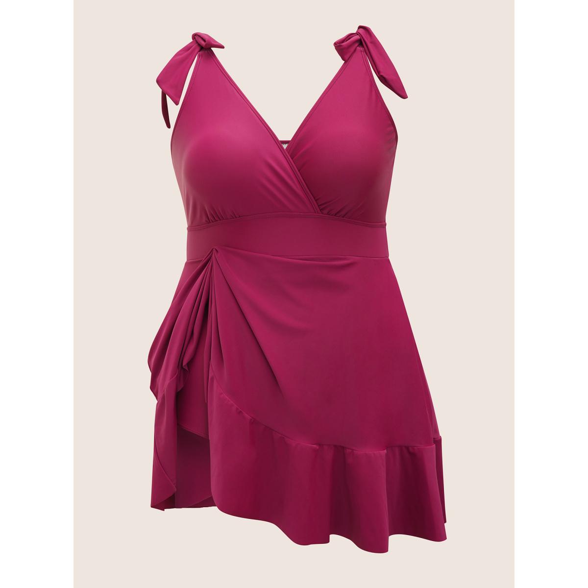 Plus Size Solid Tie Knot Pocket Ruffles Swim Dress Women's Swimwear RedViolet Beach Bodycon Overlap Collar High stretch Curve Swim Dresses BloomChic 12/L Product Image