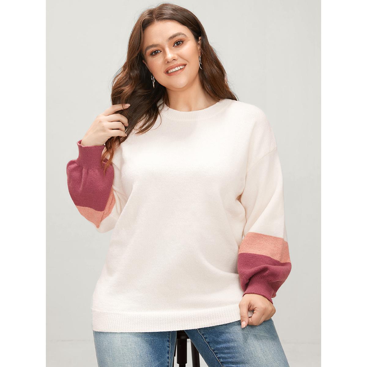 Plus Size Colorblock Contrast Soft Pointelle Knit Lantern Sleeve Knit Top Ivory Women Casual Loose Long Sleeve Round Neck Dailywear Pullovers BloomChic 28/5X Product Image