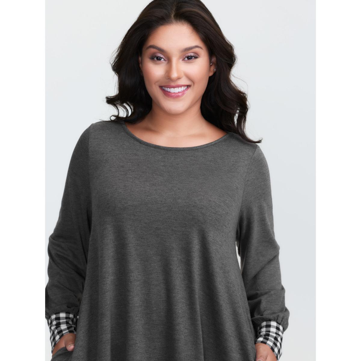 Plus Size Supersoft Stretchy Checkered Asymmetrical Hem T-Shirt DimGray Women Leisure Contrast Boat Neck Loose Casual T-shirts BloomChic 28/5X Product Image