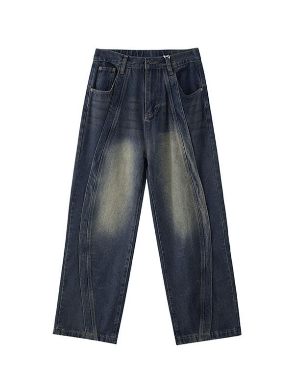Men's Vintage Wash Splice Loose Jeans Product Image