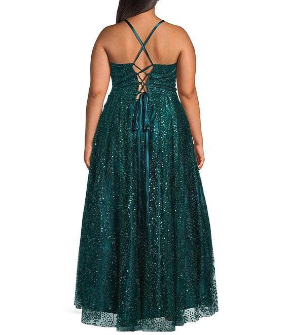 Blondie Nites Plus Size Glitter Pattern Sweetheart Neck Pinch Front Spaghetti Strap Tie Back Ballgown Product Image