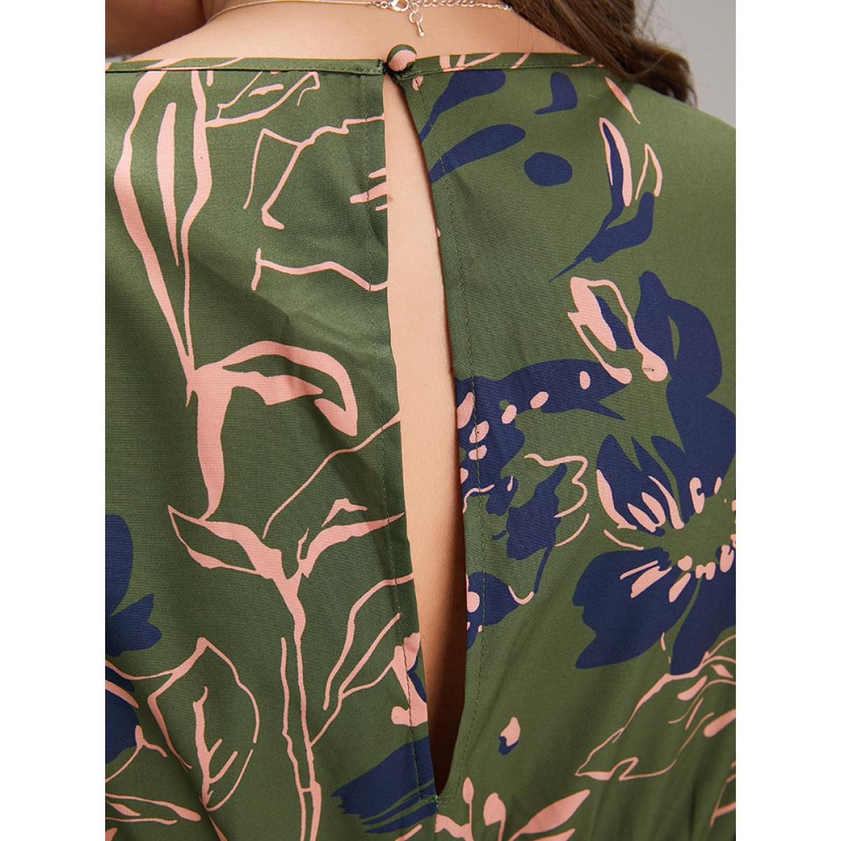Plus Size Moss Silhouette Floral Print Shirred Elastic Cuffs Jumpsuit Women Resort Long Sleeve V-neck Vacation Loose Jumpsuits BloomChic 12/L Product Image