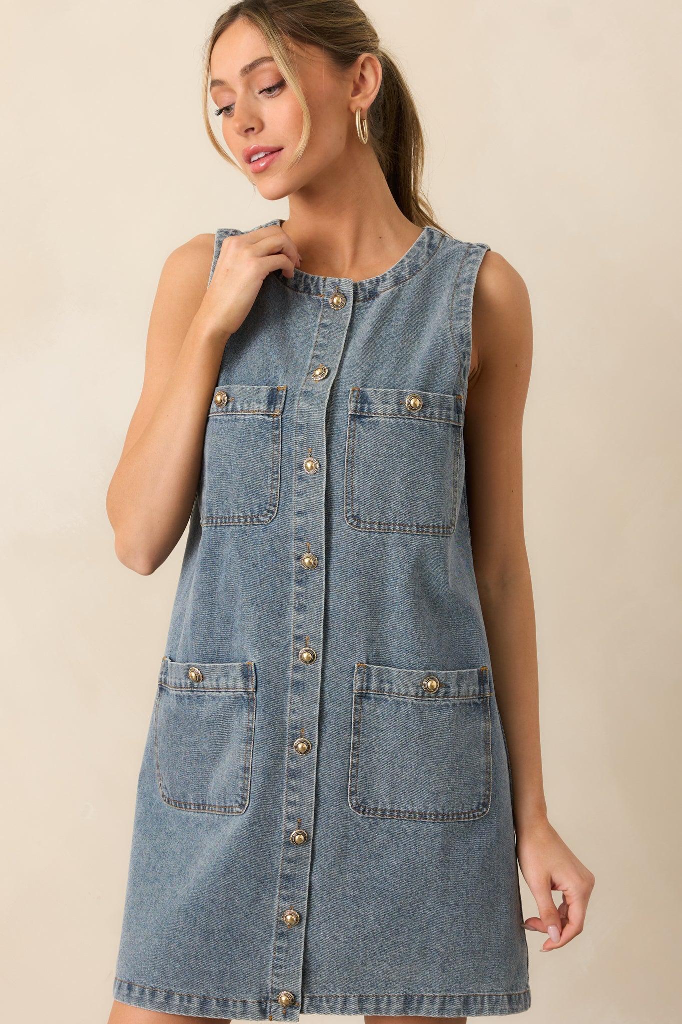 Urban Legend Medium Wash Button Front Denim Mini Dress Product Image