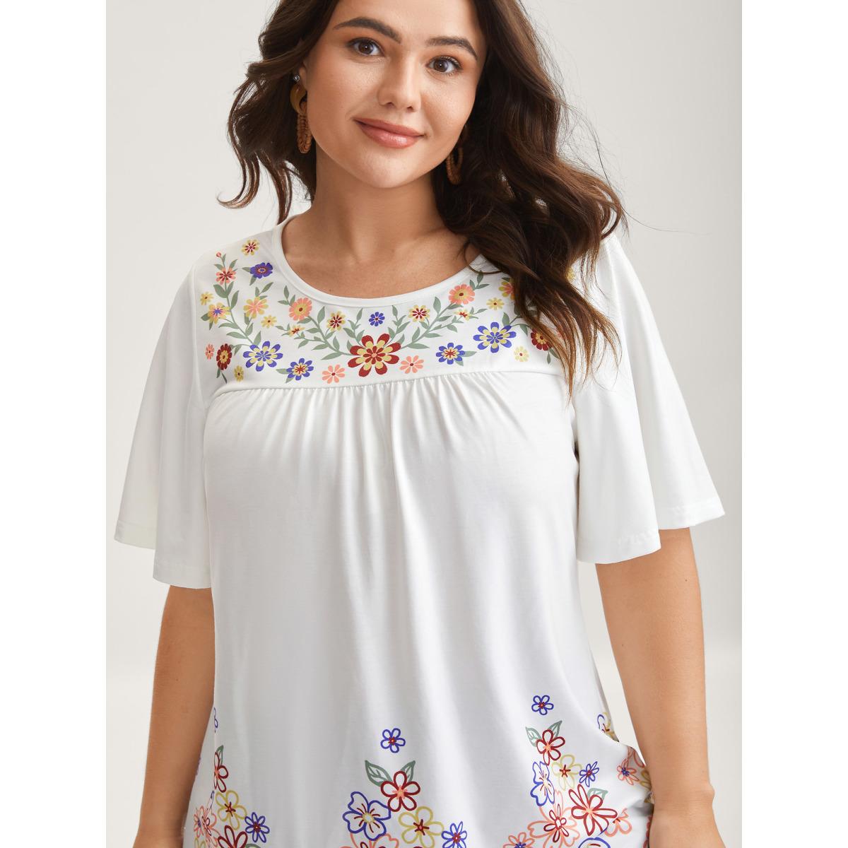 Plus Size Floral Dreams Flared Sleeve Solid T-Shirt WhiteSmoke Women Gathered Round Neck Vacation T-shirts BloomChic 28/5X Product Image