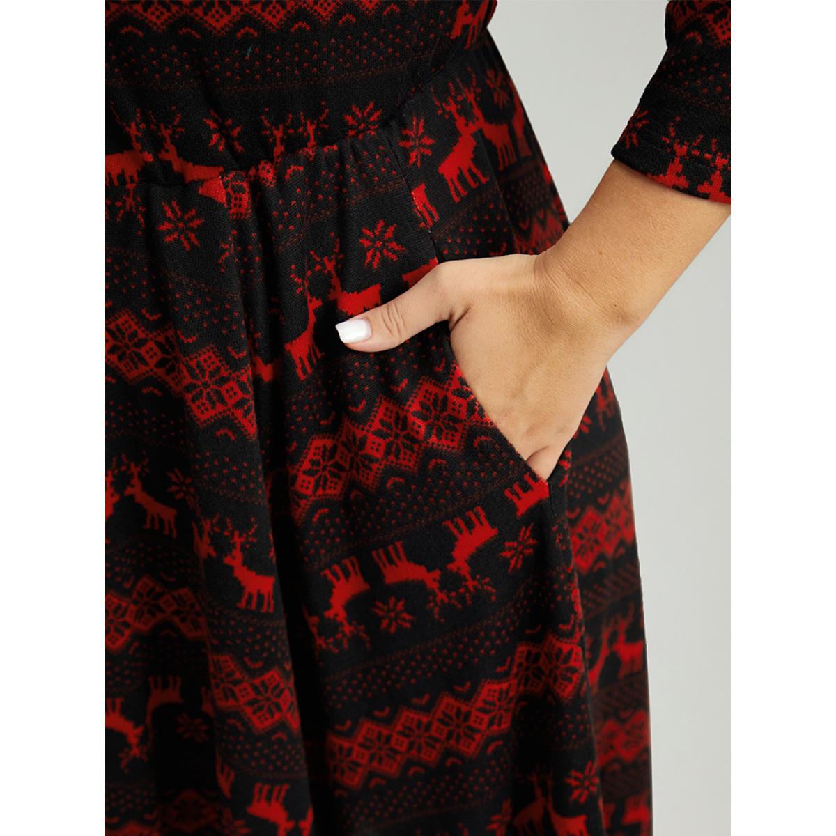 Plus Size Christmas Elk Elastic Waist Hanky Hem Dress Scarlet Women Casual Printed Round Neck Elbow-length sleeve Curvy Midi Dress BloomChic 18-20/2X Product Image