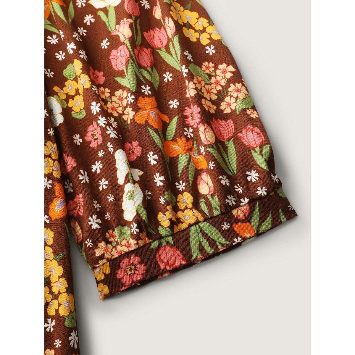 Plus Size Rayon Floral Print Midi Dress Burgundy Women Timeless Button Flat collar with V-notch Three Quarter Length Sleeve Curvy BloomChic 10/M Product Image