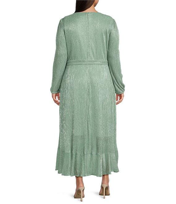 Kensie Plus Size Metallic Faux Wrap Long Sleeve Crinkle Knit Sheer Overlay Surplice V-Neck Ruffle Hem Midi Dress Product Image