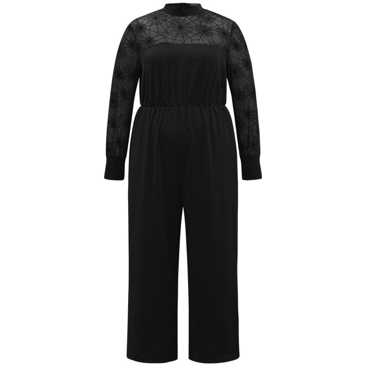 Plus Size Black Halloween Anti-Wrinkle Spider Web Crochet Lace Mesh Jumpsuit Women Glamour Long Sleeve Mock Neck Festival-Halloween Loose Jumpsuits BloomChic 14-16/1X Product Image