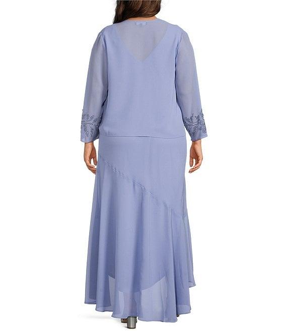 R & M Richards Plus Size Pebble Georgette V-Neck Tiered Ruffle High-Low Hem 3/4 Sleeve 2-Piece Jacket Dress Product Image