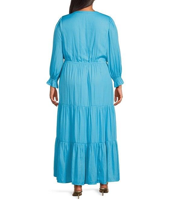Skies Are Blue Plus Solid Woven Long Ruffle Sleeve Front Tie Tiered Dress Product Image