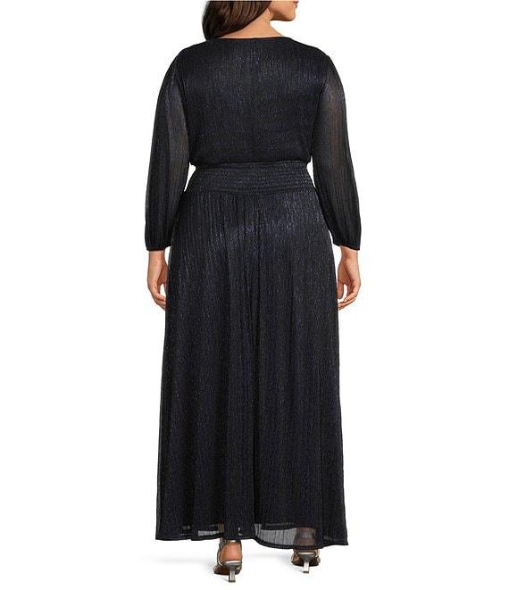 Marina Plus Size V Neck 3/4 Sleeve Smock Waist Mini Pleat Metallic Dress Product Image