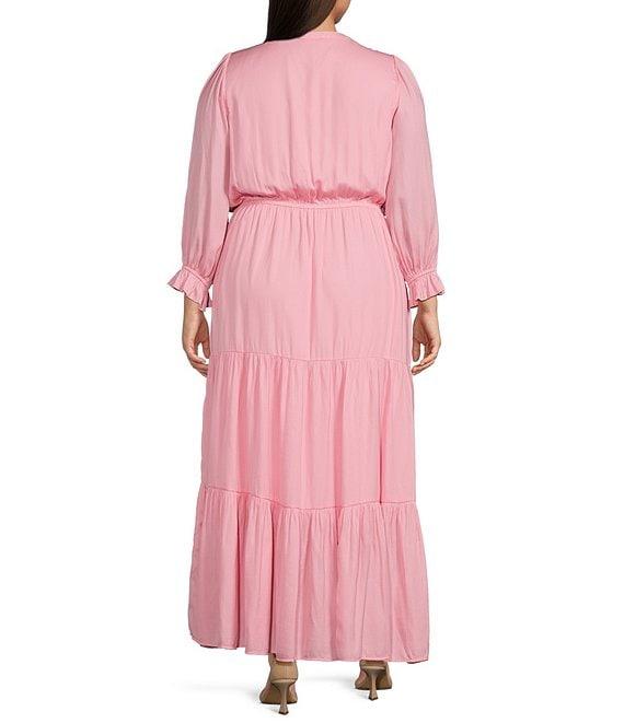 Skies Are Blue Plus Solid Woven Long Ruffle Sleeve Front Tie Tiered Dress Product Image
