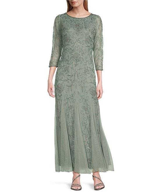 Pisarro Nights Beaded Mesh Boat Neck 3/4 Sleeve Fit and Flare Gown Product Image