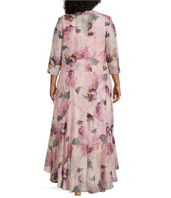 R & M Richards Plus Size Floral Print Chiffon Bolero 3/4 Sleeve Asymmetrical Ruffle Hem 2-Piece Jacket Dress Product Image
