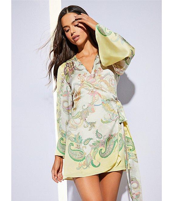 Gianni Bini Jenni Paisley Printed Satin V-Neck Long Sleeve Mini Wrap Dress Product Image
