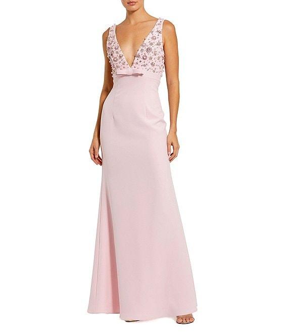 Mac Duggal V-Neck Beaded Bodice Crepe Aline Gown Product Image