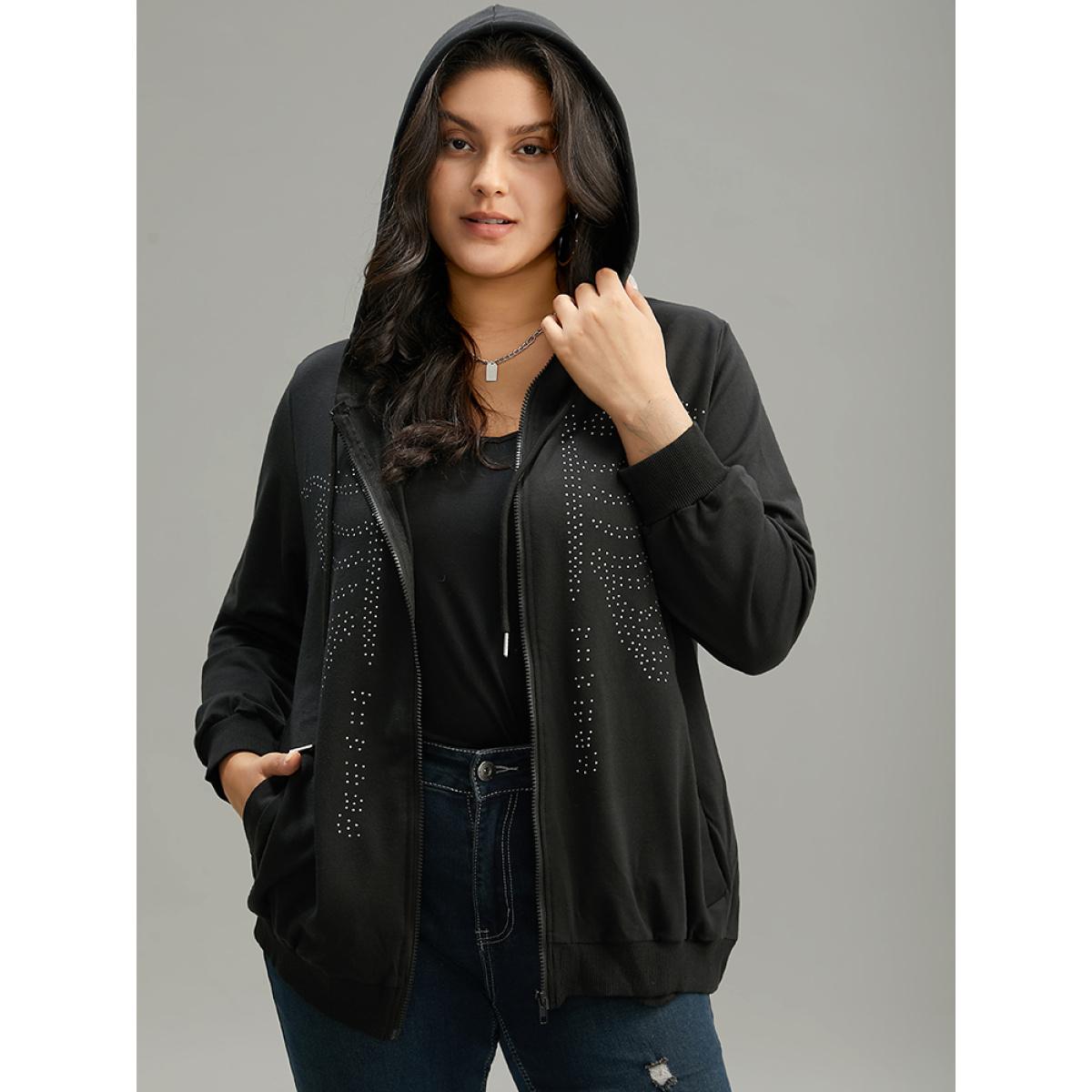 Plus Size Halloween Print Rhinestone Drawstring Hooded Zipper Sweatshirt Women Black Casual Rhinestone detailing Hooded Festival-Halloween Sweatshirts BloomChic 12/L Product Image