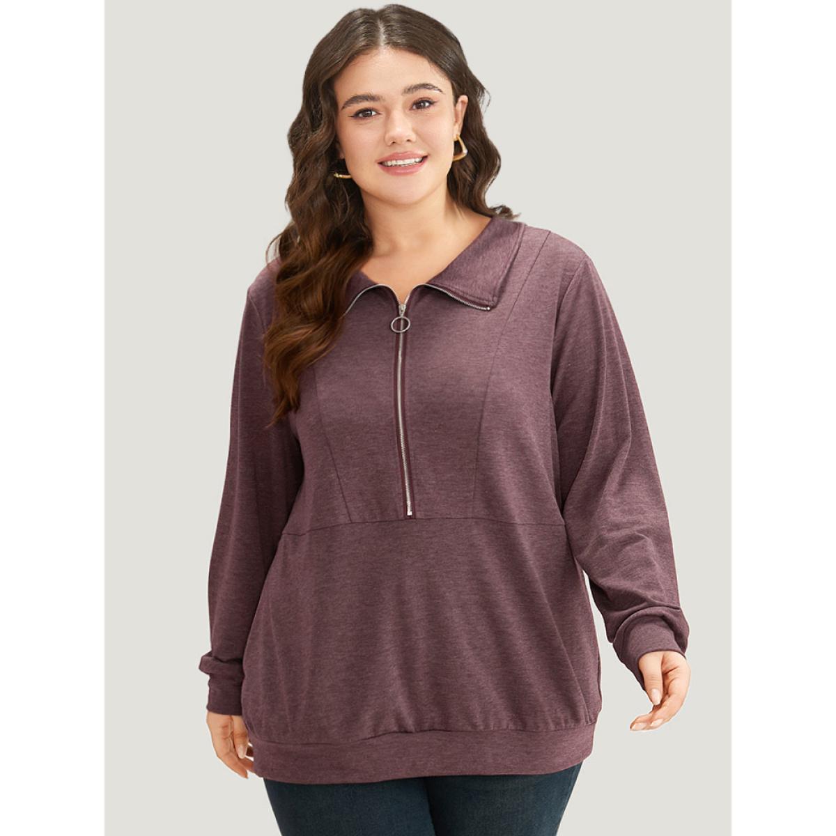 Plus Size Plain O Ring Half Zip Sweatshirt Women Eggplant Casual Plain Lapel Collar Dailywear Sweatshirts BloomChic 10/M Product Image