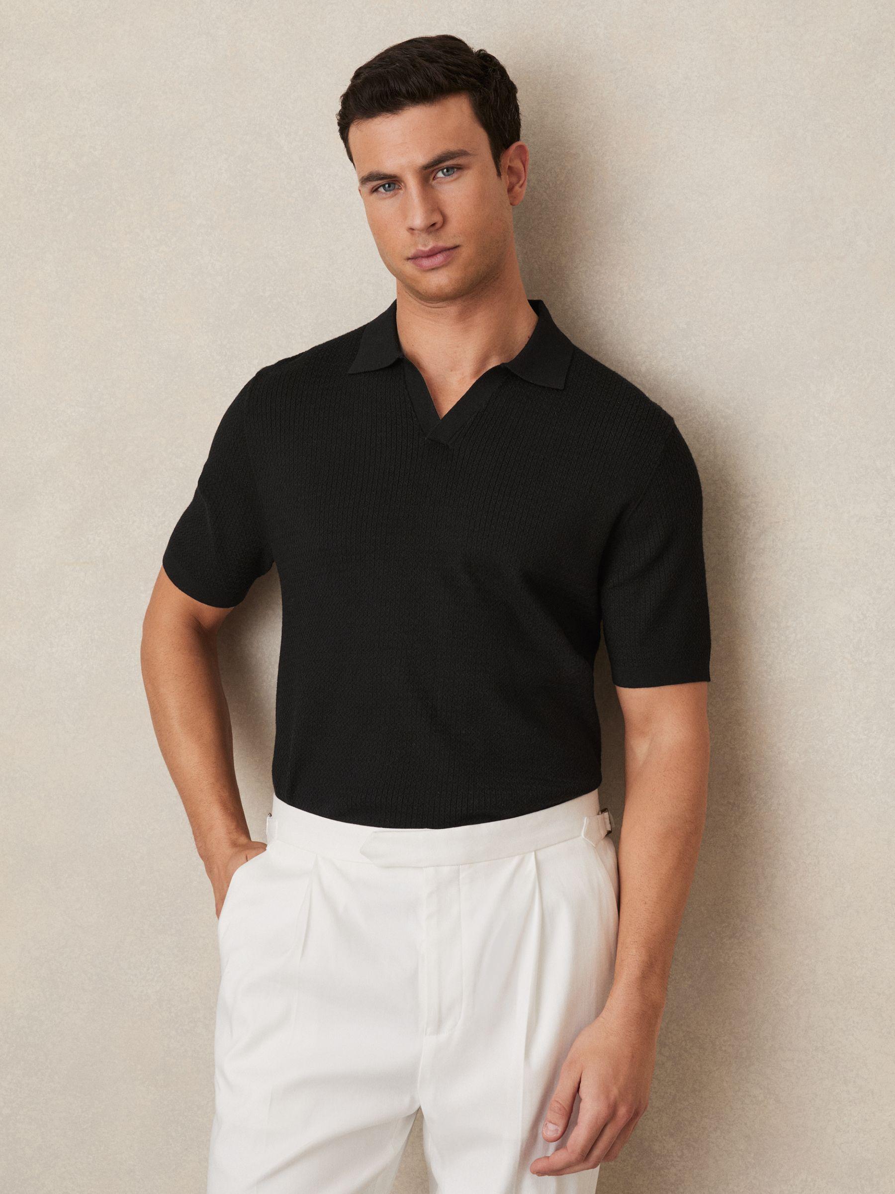 Open-Collar Knit Polo Shirt in Black Product Image