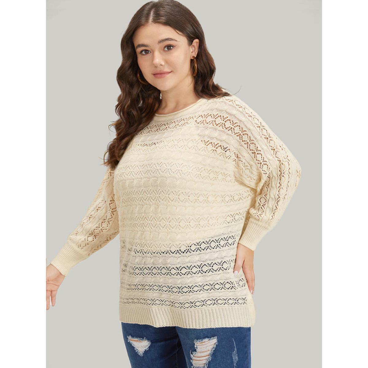 Plus Size Plisse Eyelet Dolman Sleeve Elastic Cuffs Pullover Beige Women Casual Loose Long Sleeve Round Neck Dailywear Pullovers BloomChic 22-24/3X Product Image