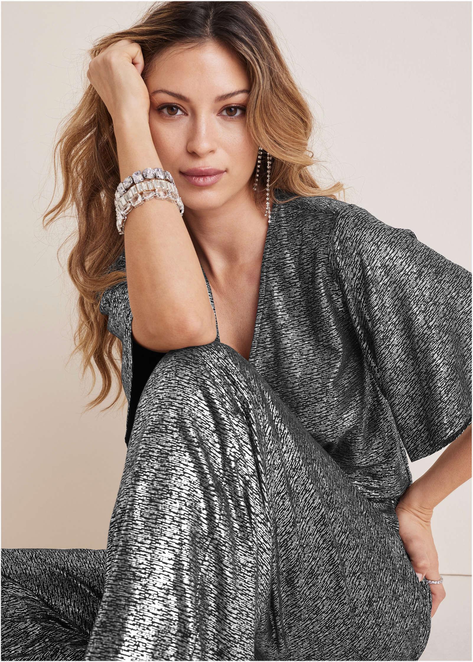 Metallic Flutter Sleeve Jumpsuit - Silver Product Image