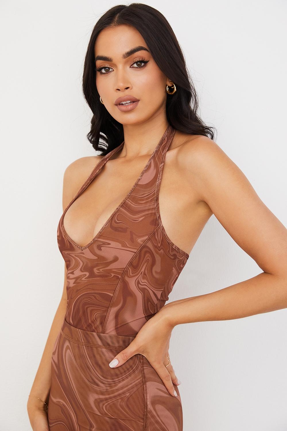 Sabine  cocoa swirl print halter bodysuit Product Image