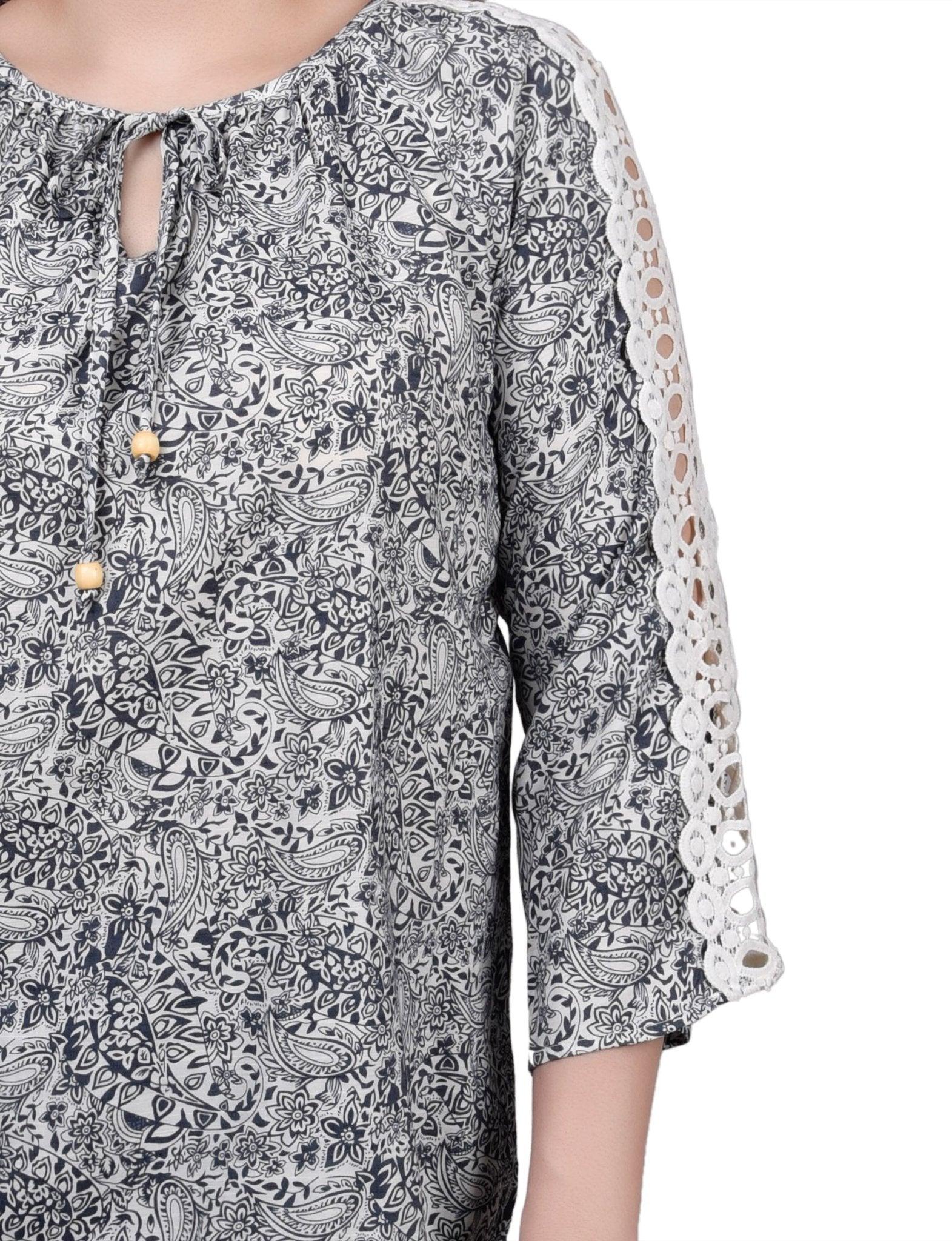 3/4 Length Sleeve Crochet Detail Blouse Product Image