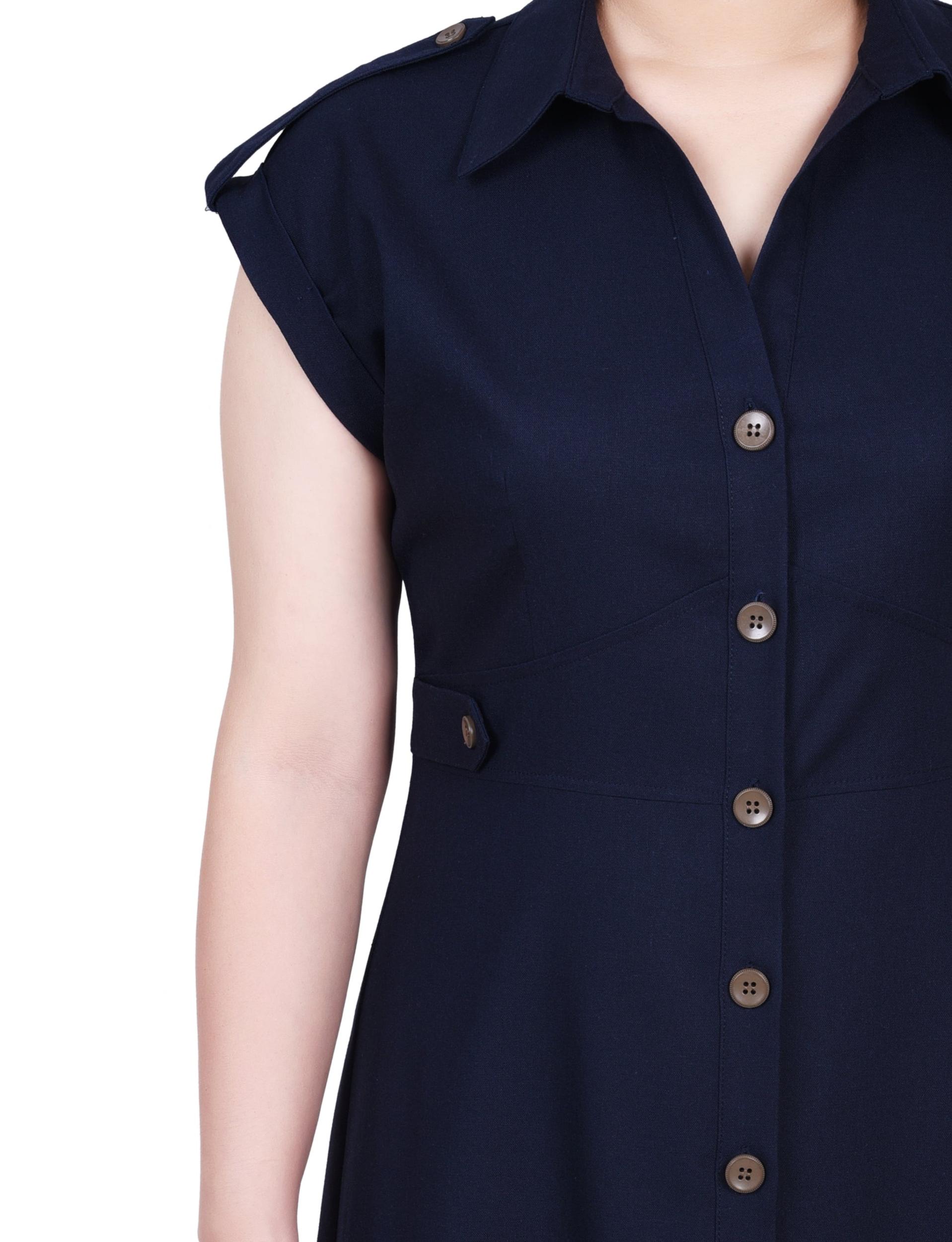 Navy Short Sleeve Button Front Linen Dress Product Image