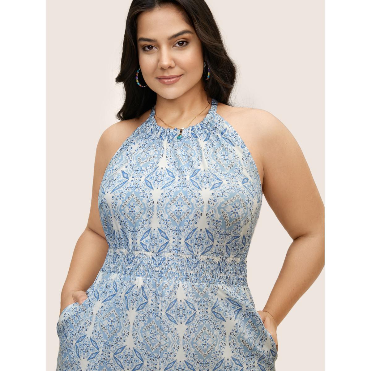 Plus Size LightBlue Halter Boho Print Shirred Gathered Jumpsuit Women Resort Sleeveless Halter neck Vacation Loose Jumpsuits BloomChic 22-24/3X Product Image