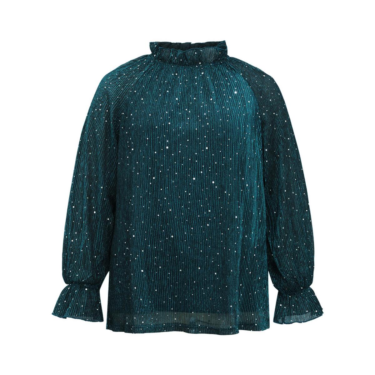 Plus Size Cyan Halloween Sequin Stand Collar Rhinestone Mesh Blouse Women Party Long Sleeve Stand-up collar Festival-Halloween Blouses BloomChic 12/L Product Image