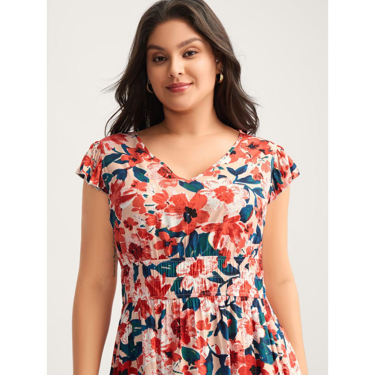 Plus Size Floral Three-Layered Stretchy Waist Midi Dress Coral Women Timeless V-neck Cap Sleeve Curvy BloomChic 12/L Product Image