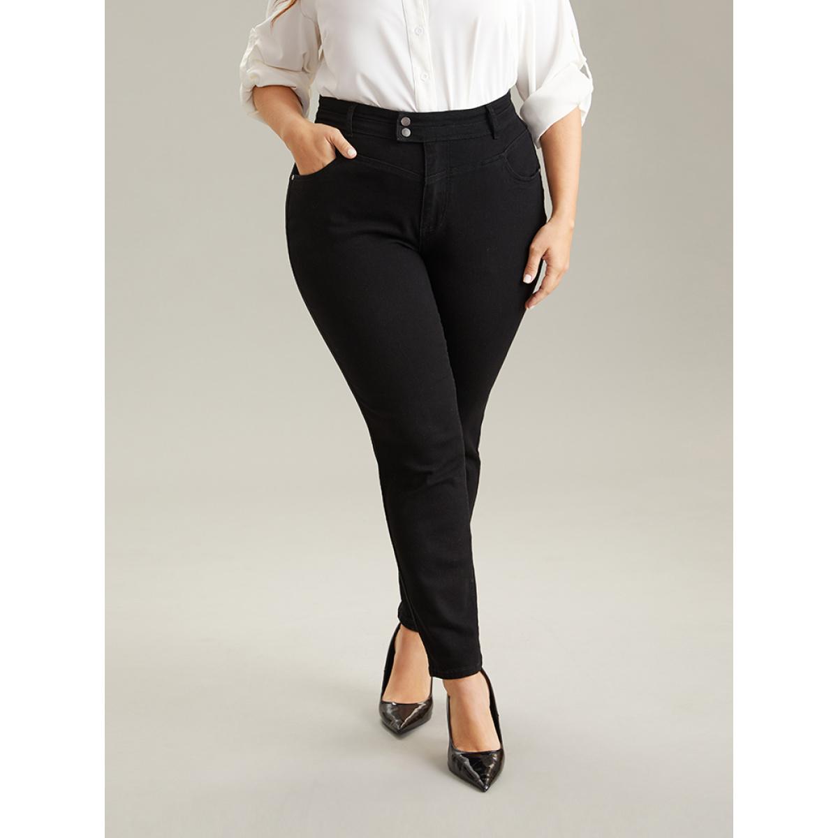 Plus Size Plain Black Wash Button Through Jeans Women Black Casual Plain Plain High stretch Pocket Jeans BloomChic 12/L Product Image