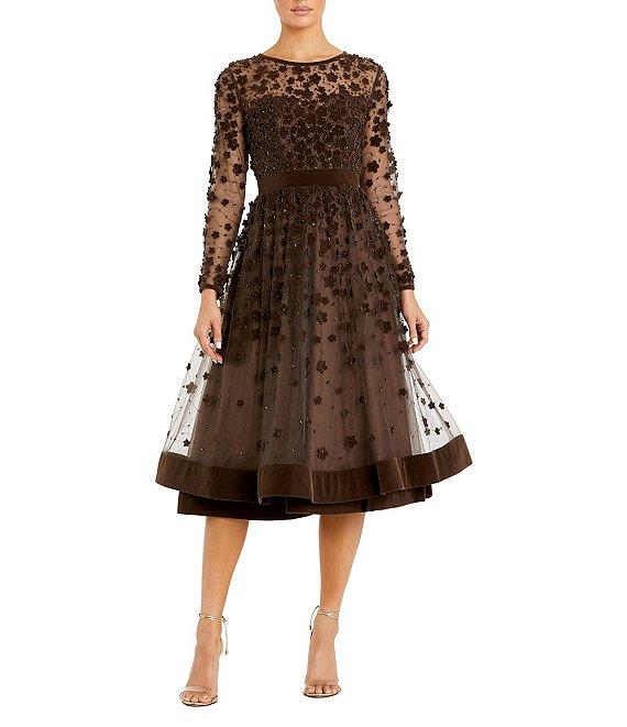 Mac Duggal Illusion Round Neck Long Sleeve Velvet Trim Floral Fit & Flare Midi Dress Product Image
