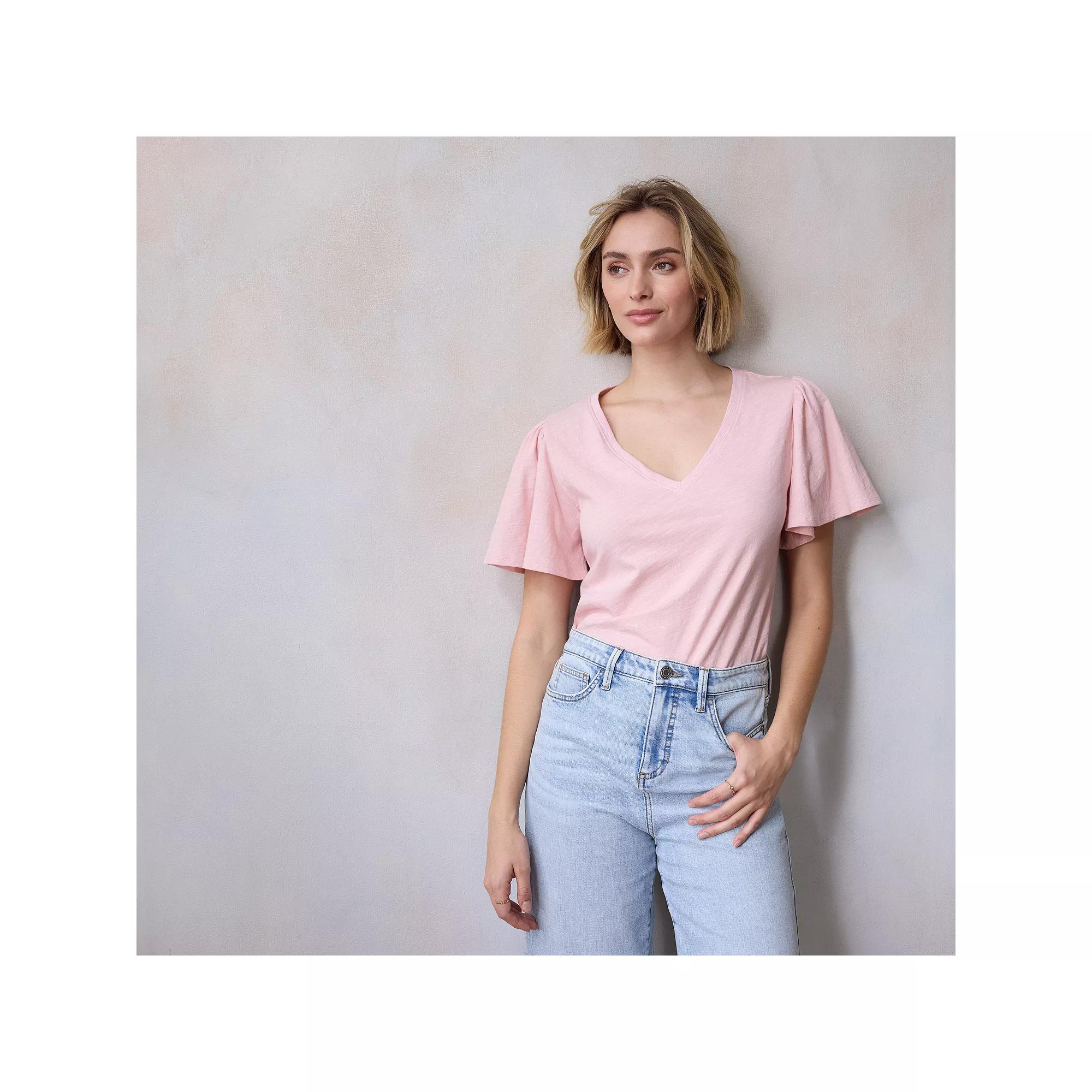 Women's LC Lauren Conrad V-Neck Flutter Sleeve Top, Size: Small, Pink Rhinestone Product Image