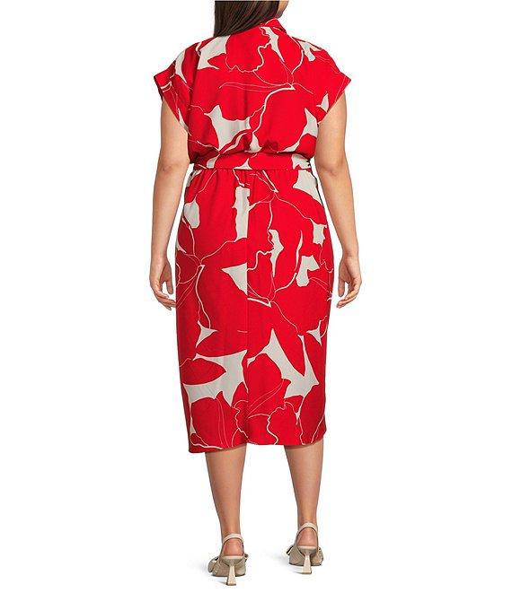 Donna Karan Plus Size Floral Print Short Sleeve Crepe Shirt Dress Product Image