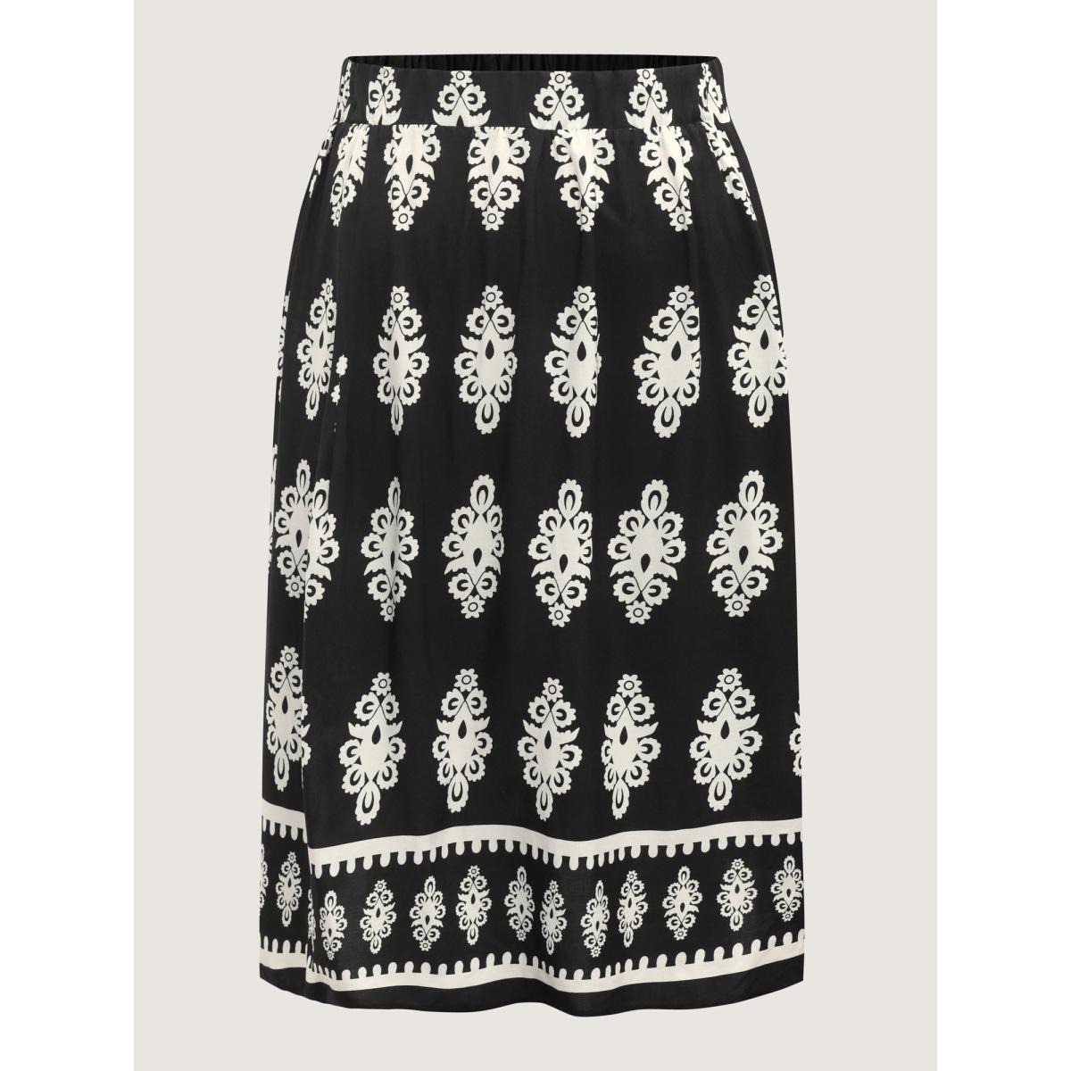 Plus Size Boho Print A-Line Midi Skirt Women BlackFlower Loose No stretch Side seam pocket Everyday-Casual Skirts BloomChic 12/L Product Image
